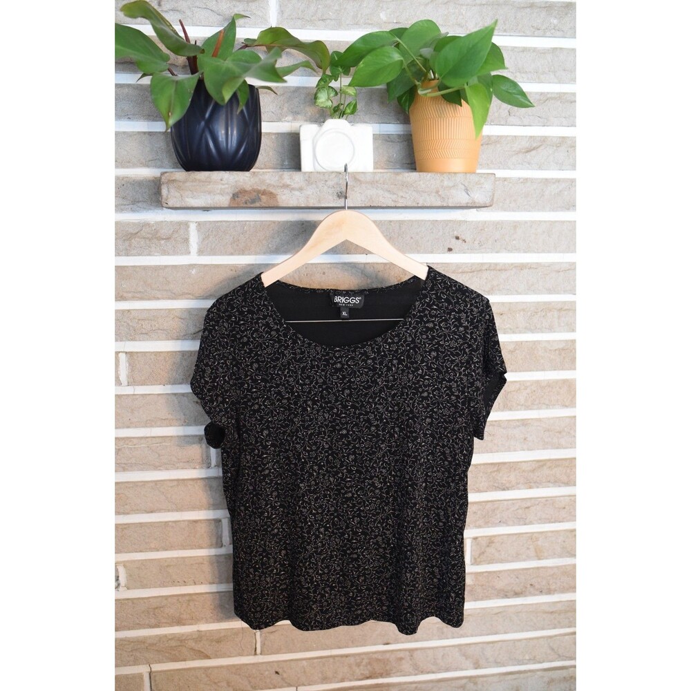 Vintage Briggs Ditsy Floral Shirt blouse Black Slinky Stretchy USA Travelers